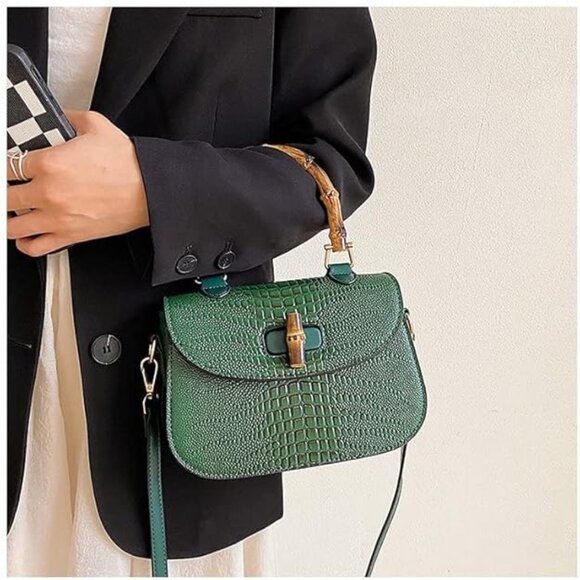 Neiman Marcus Bamboo Handle Crocodile Print Top Handle Bag - Picture 4 of 7